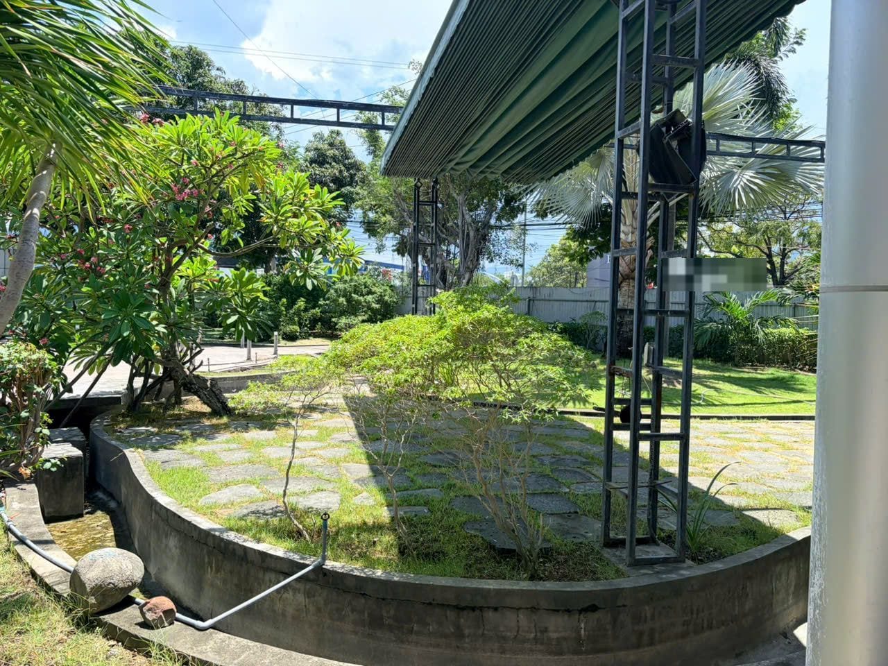 现有的景观庭院：弧形花坛，草间铺石小径，覆有布篷的钢架凉棚，鸡蛋花树与棕榈，远处的铁皮围栏。