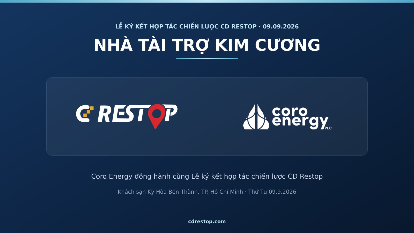 Coro Energy là Nhà tài trợ Kim cương của Lễ ký kết hợp tác chiến lược CD Restop ngày 09.09.2026 — logo CD Restop và logo Coro Energy đặt cạnh nhau