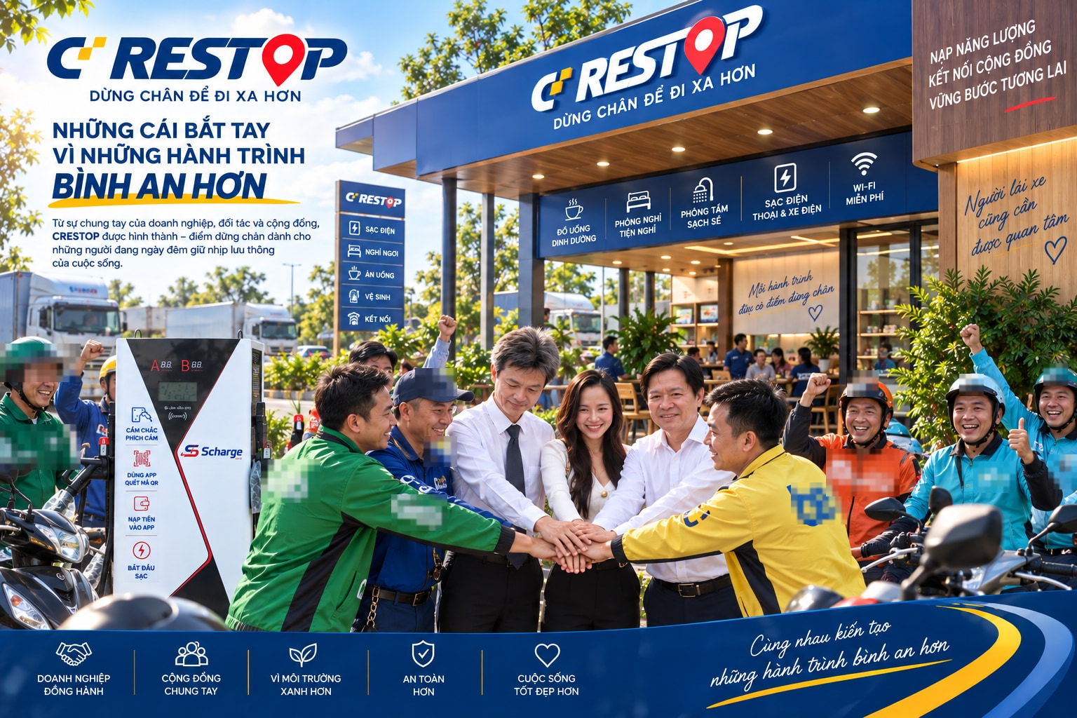 Ấn phẩm CD Restop «Những cái bắt tay vì những hành trình bình an hơn»: doanh nhân, thợ máy và các tài xế công nghệ cùng bắt tay trước trụ sạc Scharge tại điểm dừng chân CD Restop
