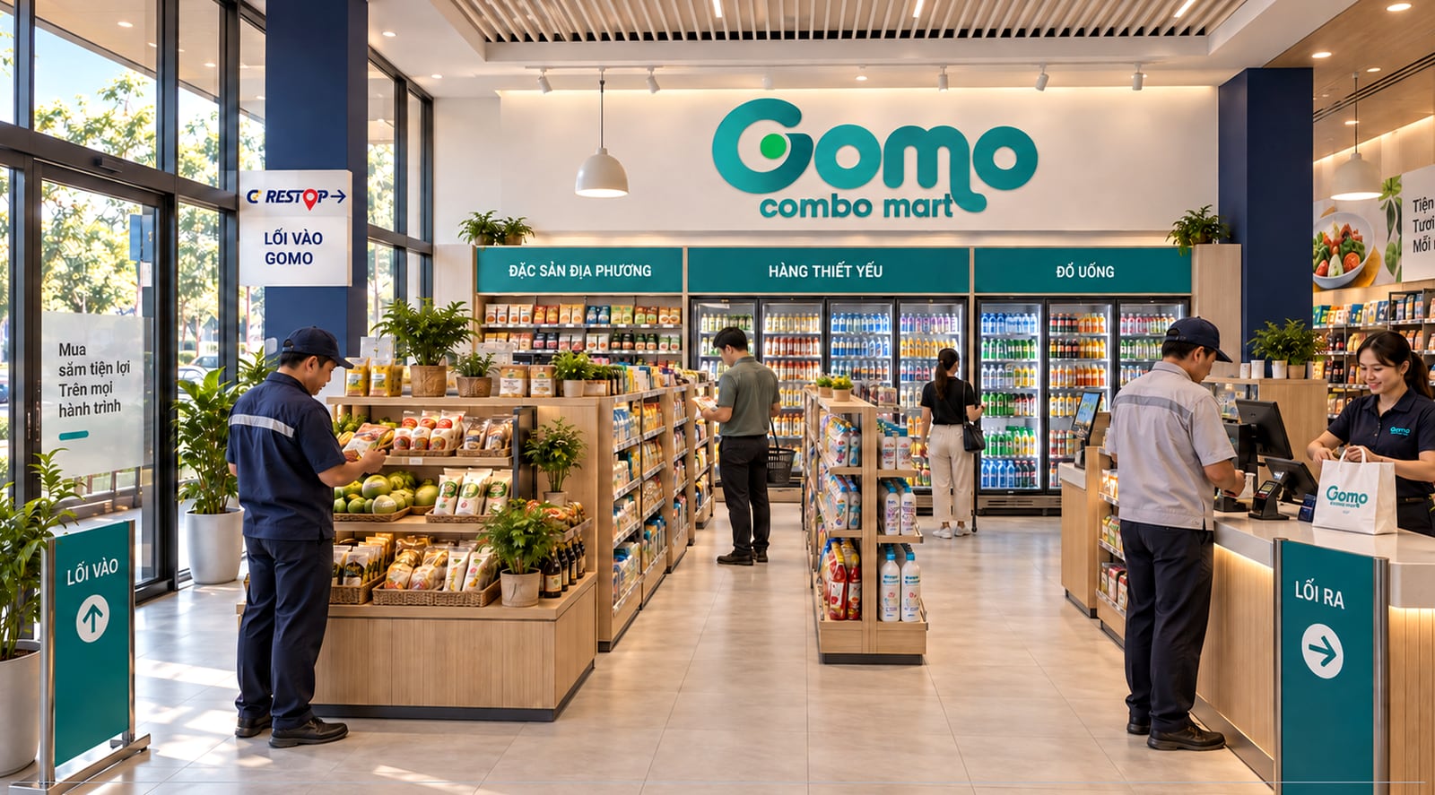 Проектная визуализация торгового павильона GOMO Mart на остановке CD Restop: полки с местными деликатесами, товарами первой необходимости, напитками и касса.