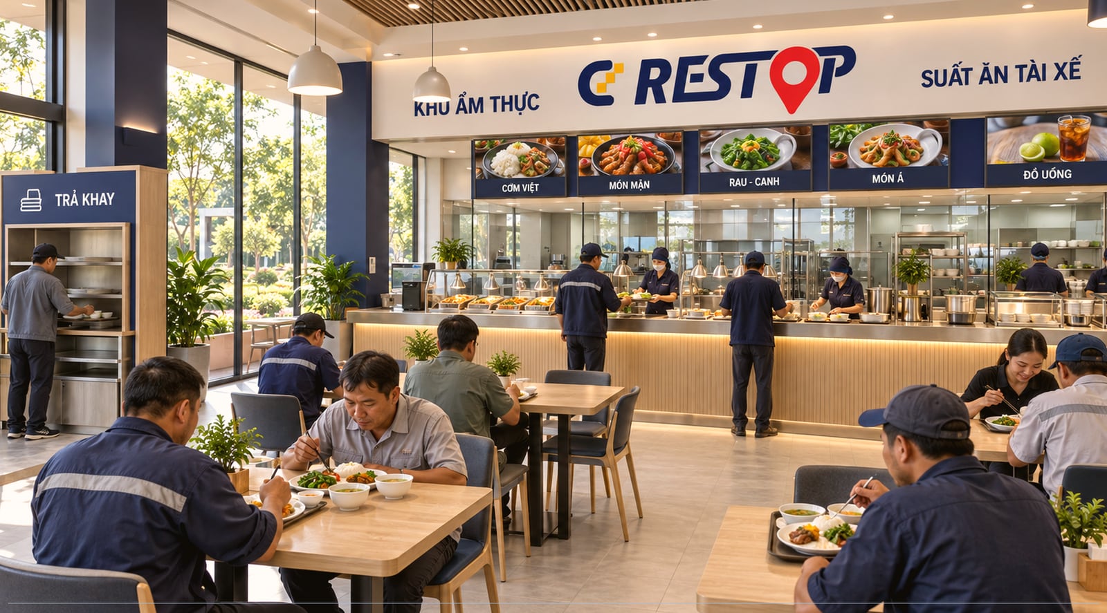 CD Restop 복지 휴게소 내 운전기사 식사 구역 조감도: 서빙 창구, 메뉴판, 식탁, 별도의 식판 반납대.