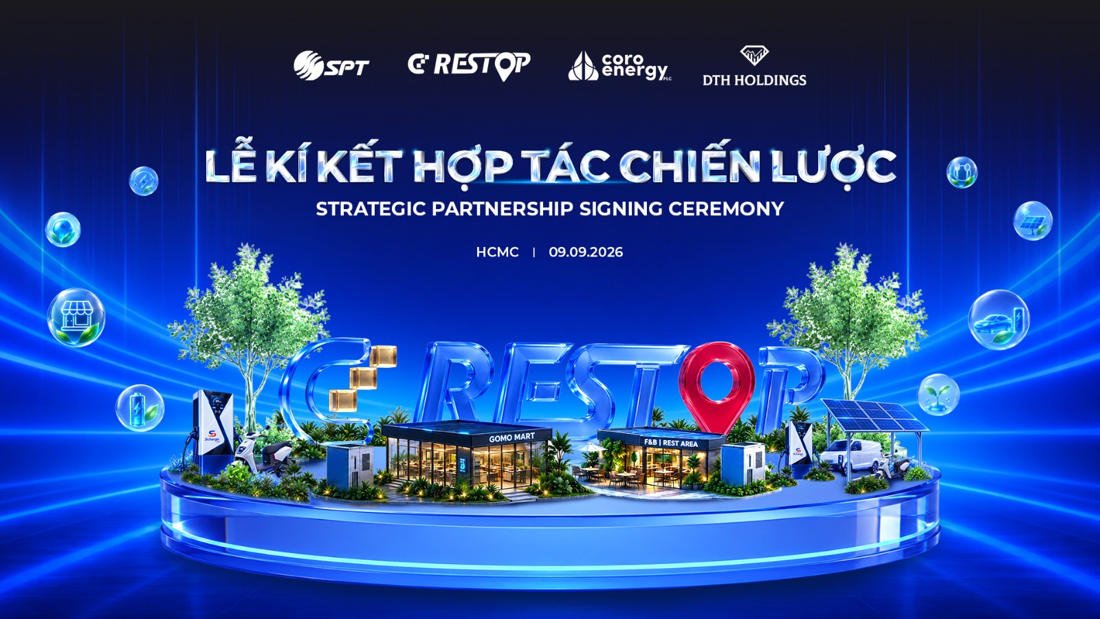 Key visual Lễ ký kết hợp tác chiến lược CD Restop 09.09.2026 với logo SPT, CD Restop, Coro Energy và DTH Holdings