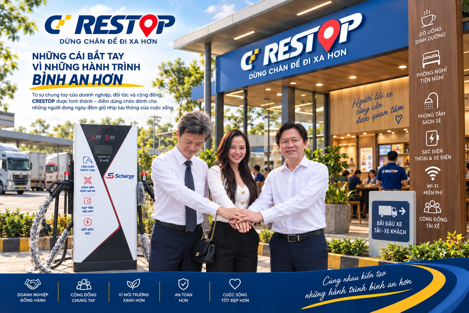 Ấn phẩm CD Restop «Những cái bắt tay vì những hành trình bình an hơn»: ba người bắt tay trước một trụ sạc Scharge tại điểm dừng chân CD Restop, phía sau là bãi đỗ xe tải và xe khách