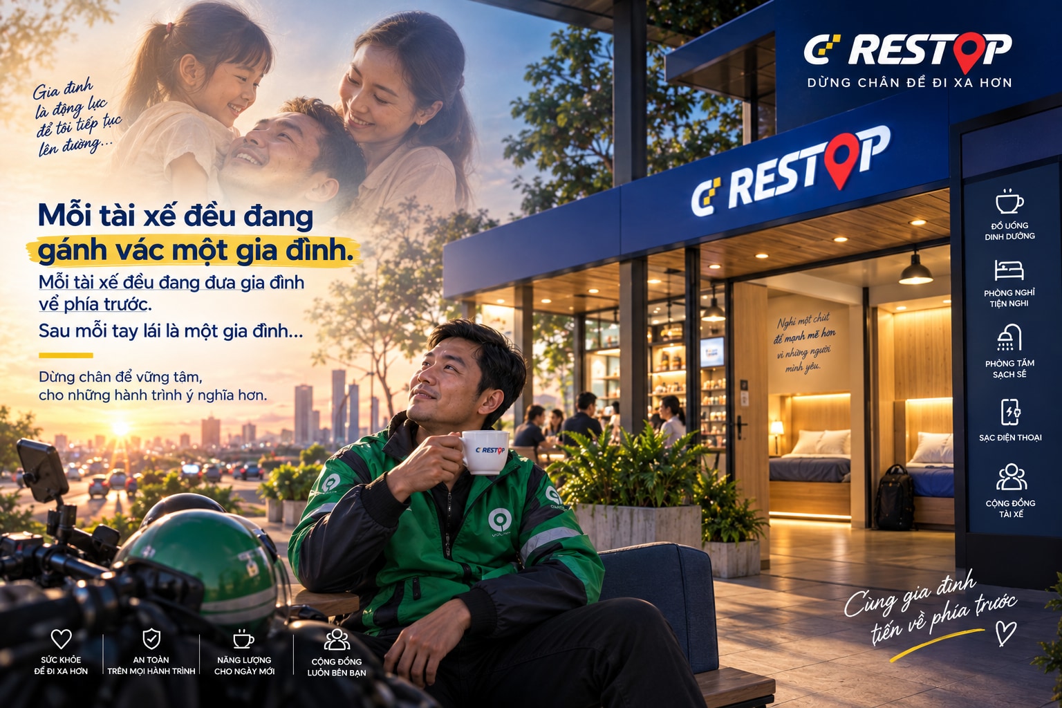 Ấn phẩm chiến dịch CD Restop: một tài xế công nghệ ngồi nghỉ với ly cà phê trước điểm dừng chân, phía trên là hình ảnh gia đình — thông điệp «Mỗi tài xế đều đang gánh vác một gia đình»