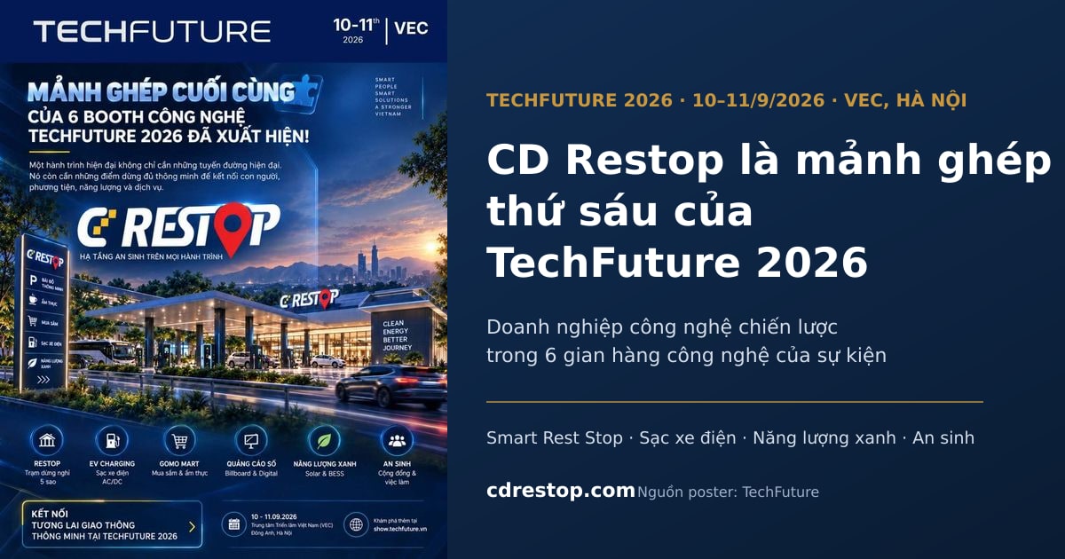 CD Restop là mảnh ghép thứ sáu của TechFuture 2026 — poster của Ban Tổ chức bên trái, tiêu đề bài bên phải