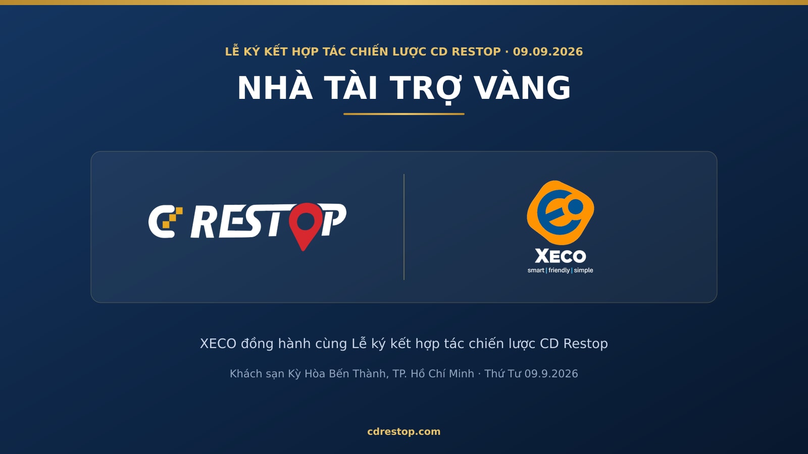 XECO là Nhà tài trợ Vàng của Lễ ký kết hợp tác chiến lược CD Restop ngày 09.09.2026 — logo CD Restop và logo XECO đặt cạnh nhau trên nền navy